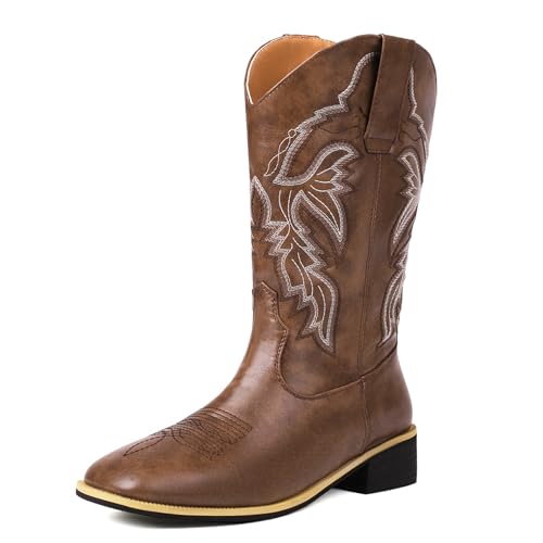 Renessmi Komfort Mitte Absatz Square Toe Damen Hohe Stiefel Weit Fit Ohne Verschluss Bestickt Weit Calf Cowboystiefel Footwear Braun Gr 36.5 EU-37 Cn von Renessmi