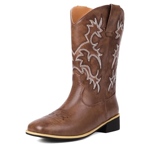 Renessmi Komfort Mitte Absatz Square Toe Damen Hohe Stiefel Weit Fit Ohne Verschluss Bestickt Weit Calf Cowboystiefel Footwear Braun Gr 40 EU-41 Cn von Renessmi