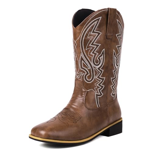 Renessmi Komfort Mitte Absatz Square Toe Damen Hohe Stiefel Weit Fit Ohne Verschluss Bestickt Weit Calf Cowboystiefel Footwear Braun Gr 40 EU-41 Cn von Renessmi