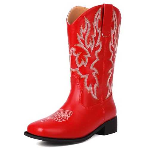 Renessmi Komfort Mitte Absatz Square Toe Damen Hohe Stiefel Weit Fit Ohne Verschluss Bestickt Weit Calf Cowboystiefel Footwear Rot Gr 36.5 EU-37 Cn von Renessmi