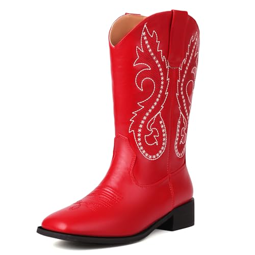 Renessmi Komfort Mitte Absatz Square Toe Damen Hohe Stiefel Weit Fit Ohne Verschluss Bestickt Weit Calf Cowboystiefel Footwear Rot Gr 36.5 EU-37 Cn von Renessmi