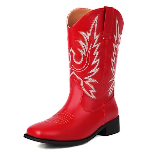 Renessmi Komfort Mitte Absatz Square Toe Damen Hohe Stiefel Weit Fit Ohne Verschluss Bestickt Weit Calf Cowboystiefel Footwear Rot Gr 38 EU-39 Cn von Renessmi