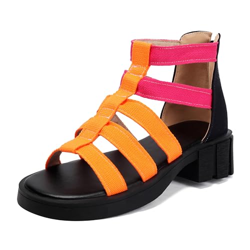 Renessmi Komfort Reißverschluss Offene Zeh Plateau Damen Römersandalens Blockabsatz Runde Zehen Strappy Gladiator Sommer Boots Footwear Orange Gr 41 EU-43 Cn von Renessmi