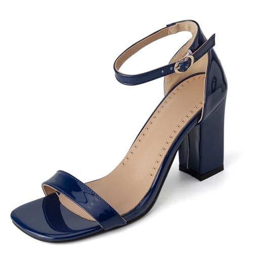Renessmi Lack Blockabsatz Square Toe Knöchelriemchen Damensandalen Weit Fit Schnalle Concise Solid Color Offene Zeh Footwear Dark-Blau Gr 49 EU-51 Cn von Renessmi