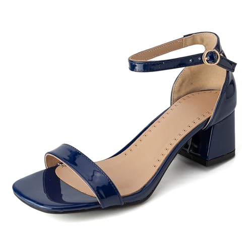 Renessmi Lack Blockabsatz Square Toe Knöchelriemchen Damensandalen Weit Fit Schnalle Concise Solid Color Offene Zeh Footwear Dark-Blau Gr 51 EU-53 Cn von Renessmi
