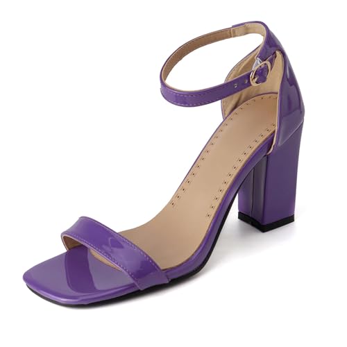 Renessmi Lack Blockabsatz Square Toe Knöchelriemchen Damensandalen Weit Fit Schnalle Concise Solid Color Offene Zeh Footwear Dark-Violett Gr 51 EU-53 Cn von Renessmi