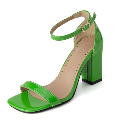 Renessmi Lack Blockabsatz Square Toe Knöchelriemchen Damensandalen Weit Fit Schnalle Concise Solid Color Offene Zeh Footwear Grün Gr 50 EU-52 Cn von Renessmi