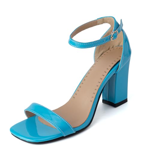 Renessmi Lack Blockabsatz Square Toe Knöchelriemchen Damensandalen Weit Fit Schnalle Concise Solid Color Offene Zeh Footwear Light-Blau Gr 48 EU-50 Cn von Renessmi