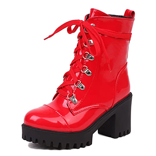 Renessmi Lack Military Schnüren Damen Chunky Heel Stiefeletten Plateau Runde Zehen Winter Leisure Zip Combat Stiefeletten Footwear Rot Gr 41 EU-43 Cn von Renessmi