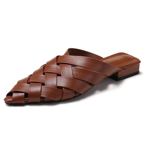 Renessmi Low Blockabsatz Slingback Pointed Toe Braid Damen Pantoffeln Ohne Verschluss Mode Draußen Komfort Geschlossen Mules Footwear Braun Gr 41 EU-43 Cn von Renessmi