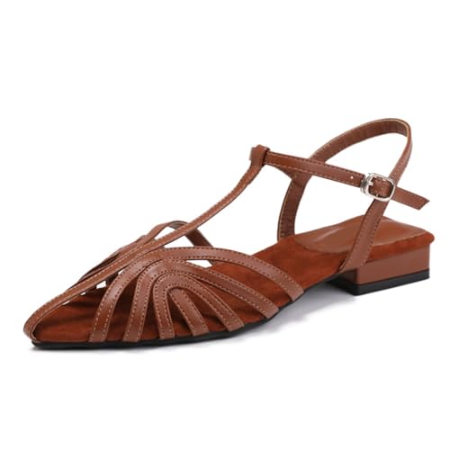 Renessmi Low Mitte Absatz Pointed Toe Slingback Damen Römersandalens Komfort-Spangepy Ösen Klassische T-Spange Schnalle Footwear Braun Gr 38 EU-39 Cn von Renessmi