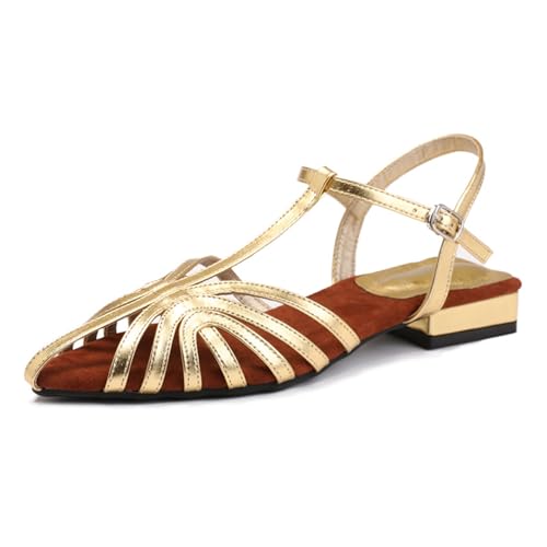 Renessmi Low Mitte Absatz Pointed Toe Slingback Damen Römersandalens Komfort-Spangepy Ösen Klassische T-Spange Schnalle Footwear Gold Gr 39 EU-40 Cn von Renessmi