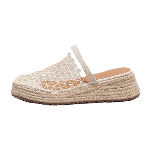 Renessmi Mid Keilabsatz Runde Zehen Mesh Slingback Damen Pantoffeln Ohne Verschluss Fishnet Espadrille Plateau Strand Mules Footwear Beige Gr 41 EU-43 Cn von Renessmi