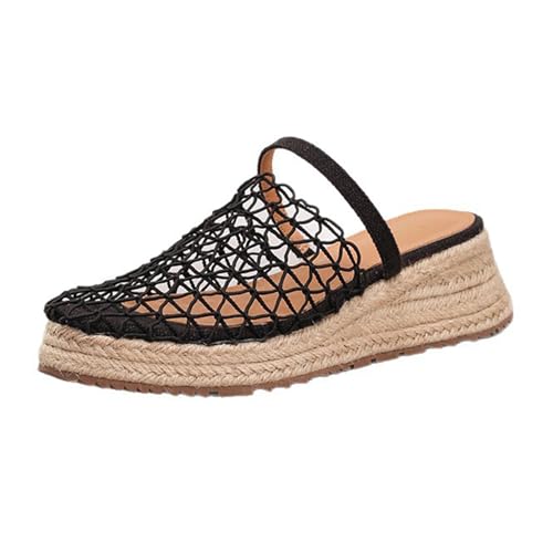 Renessmi Mid Keilabsatz Runde Zehen Mesh Slingback Damen Pantoffeln Ohne Verschluss Fishnet Espadrille Plateau Strand Mules Footwear Schwarz Gr 38 EU-39 Cn von Renessmi