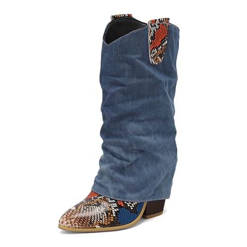 Renessmi Mode Blockabsatz Ohne Verschluss Knöchelbündchen Damen Anzugstiefel Pointed Toe Snakeskin Denim Splicing Cowboystiefel Footwear Blau Gr 39 EU-40 Cn von Renessmi