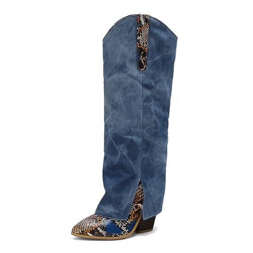 Renessmi Mode Blockabsatz Ohne Verschluss Knöchelbündchen Damen Anzugstiefel Pointed Toe Snakeskin Denim Splicing Cowboystiefel Footwear Blau Gr 39 EU-40 Cn von Renessmi