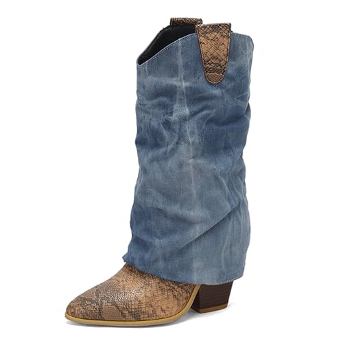 Renessmi Mode Blockabsatz Ohne Verschluss Knöchelbündchen Damen Anzugstiefel Pointed Toe Snakeskin Denim Splicing Cowboystiefel Footwear Braun Gr 45 EU-47 Cn von Renessmi