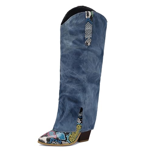 Renessmi Mode Blockabsatz Ohne Verschluss Knöchelbündchen Damen Anzugstiefel Pointed Toe Snakeskin Denim Splicing Cowboystiefel Footwear Grün Gr 34 EU von Renessmi