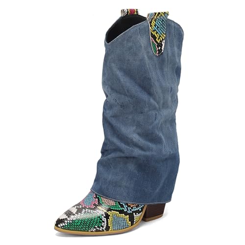Renessmi Mode Blockabsatz Ohne Verschluss Knöchelbündchen Damen Anzugstiefel Pointed Toe Snakeskin Denim Splicing Cowboystiefel Footwear Grün Gr 37 EU-38 Cn von Renessmi