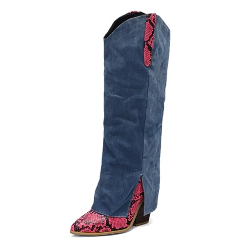 Renessmi Mode Blockabsatz Ohne Verschluss Knöchelbündchen Damen Anzugstiefel Pointed Toe Snakeskin Denim Splicing Cowboystiefel Footwear Rose Gr 46 EU-48 Cn von Renessmi