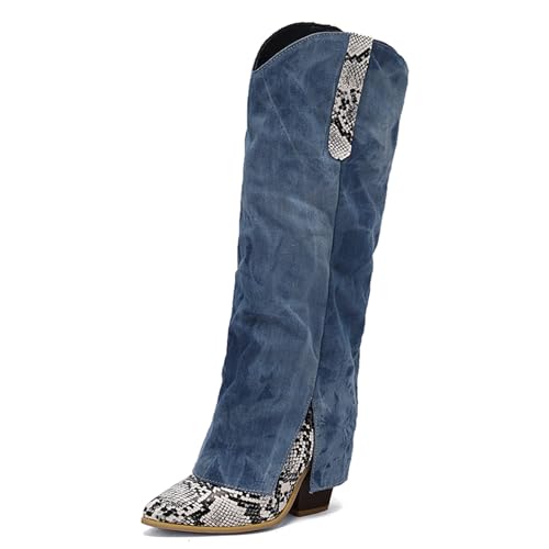 Renessmi Mode Blockabsatz Ohne Verschluss Knöchelbündchen Damen Anzugstiefel Pointed Toe Snakeskin Denim Splicing Cowboystiefel Footwear Weiß Gr 42 EU-44 Cn von Renessmi