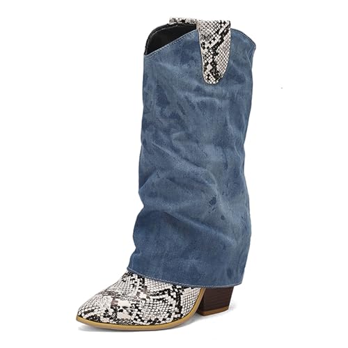 Renessmi Mode Blockabsatz Ohne Verschluss Knöchelbündchen Damen Anzugstiefel Pointed Toe Snakeskin Denim Splicing Cowboystiefel Footwear Weiß Gr 45 EU-47 Cn von Renessmi