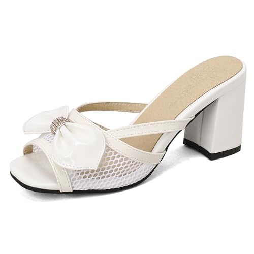 Renessmi Mode Blockabsatz Peep Toe Ohne Verschluss Damen Hausschuhe Pantoffeln Sandals Solid Color Höhe Ferse Square Toe Draußen Mules Footwear Weiß Gr 40 EU-41 Cn von Renessmi