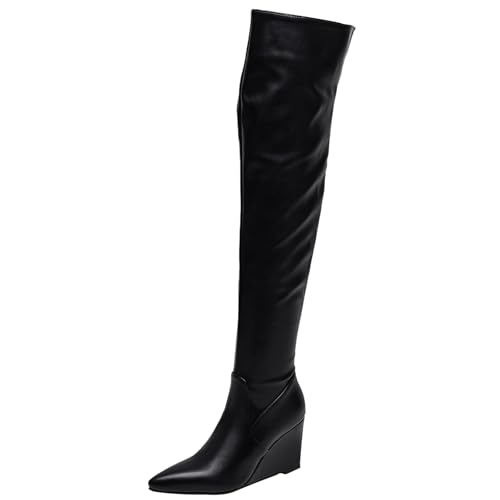Renessmi Mode Damen Overknee Stiefel Keilabsatz Pointed Toe Side Reißverschluss Höhe Ferse Slouch Long Equstrian Stiefel Footwear Schwarz Gr 40.5 EU-42 Cn von Renessmi