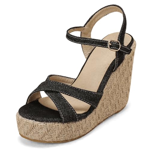 Renessmi Mode Denim Espadrille Slingback Damensandalen Knöchelriemchen Schnalle Runde Zehen Plateau Römersandalens Footwear Schwarz Gr 45 EU-47 Cn von Renessmi