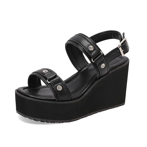 Renessmi Mode Flatform Slingback Keilabsatz Damensandalen Plateau Square Toe Leisure Gladiator Sommer Footwear Schwarz Gr 33 EU von Renessmi