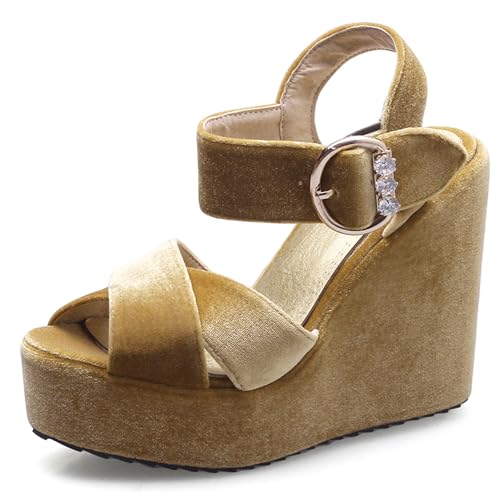 Renessmi Mode Keilabsatz Peep Toe Plateau Damensandalen Knöchelriemchen Schnalle Slingback Velvet Solid Color Footwear Gelb Gr 40 EU-41 Cn von Renessmi