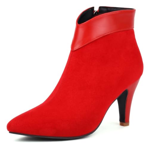 Renessmi Mode Kitten Heel Damen Stiefeletten Pointed Toe Höhe Ferse Side Reißverschluss Concise Wildleder Arbeit Stiefeletten Footwear Rot Gr 39 EU-40 Cn von Renessmi