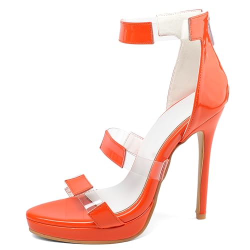 Renessmi Mode Lack Stiletto Runde Zehen Damensandalen Plateau Strappy Hochzeit Sommer Kleid Footwear Orange Gr 31 EU von Renessmi