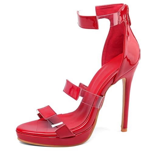 Renessmi Mode Lack Stiletto Runde Zehen Damensandalen Plateau Strappy Hochzeit Sommer Kleid Footwear Rot Gr 41 EU-43 Cn von Renessmi
