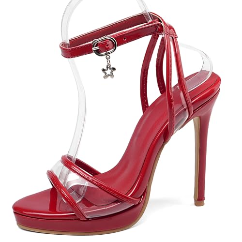 Renessmi Mode Lack Stiletto Runde Zehen Damensandalen Plateau Strappy Hochzeit Sommer Kleid Footwear Rot Gr 42 EU-44 Cn von Renessmi