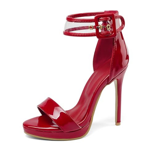 Renessmi Mode Lack Stiletto Runde Zehen Damensandalen Plateau Strappy Hochzeit Sommer Kleid Footwear Rot-Pu Gr 47 EU-49 Cn von Renessmi