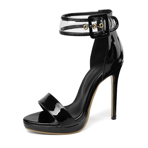 Renessmi Mode Lack Stiletto Runde Zehen Damensandalen Plateau Strappy Hochzeit Sommer Kleid Footwear Schwarz-Pu Gr 41 EU-43 Cn von Renessmi