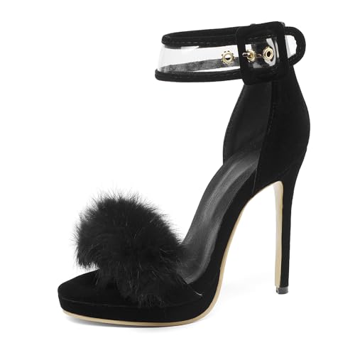 Renessmi Mode Lack Stiletto Runde Zehen Damensandalen Plateau Strappy Hochzeit Sommer Kleid Footwear Schwarz-Wildleder/Jm Gr 37 EU-38 Cn von Renessmi