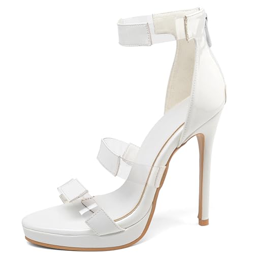 Renessmi Mode Lack Stiletto Runde Zehen Damensandalen Plateau Strappy Hochzeit Sommer Kleid Footwear Weiß Gr 36.5 EU-37 Cn von Renessmi