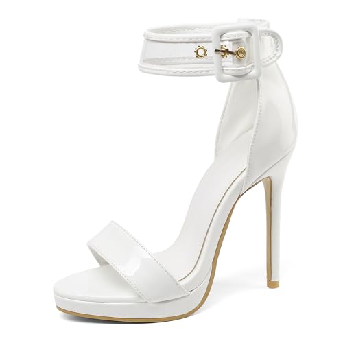 Renessmi Mode Lack Stiletto Runde Zehen Damensandalen Plateau Strappy Hochzeit Sommer Kleid Footwear Weiß-Pu Gr 44 EU-46 Cn von Renessmi