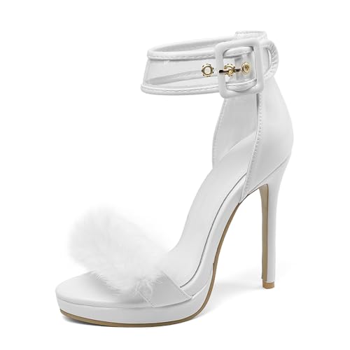 Renessmi Mode Lack Stiletto Runde Zehen Damensandalen Plateau Strappy Hochzeit Sommer Kleid Footwear Weiß-Wildleder/Jm Gr 41 EU-43 Cn von Renessmi