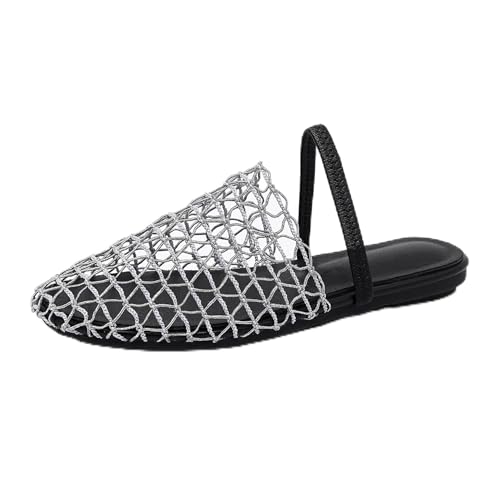 Renessmi Mode Mesh Draußen Mules Geschlossen Damen Pantoffeln Slingback Runde Zehen Fishnet Ohne Verschluss Atmungsaktiv Footwear Silber Gr 37 EU-38 Cn von Renessmi