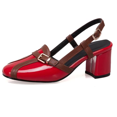 Renessmi Mode Mitte Blockabsatz Square Toe Slingback Damensandalen Back Strap Schnalle Weit Fit Leisure Mitte Absatz Footwear Rot Gr 40 EU-41 Cn von Renessmi