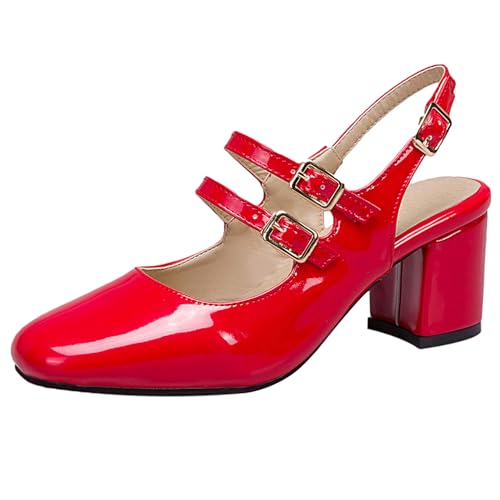Renessmi Mode Mitte Blockabsatz Square Toe Slingback Damensandalen Back Strap Schnalle Weit Fit Leisure Mitte Absatz Footwear Rot Gr 41 EU-43 Cn von Renessmi