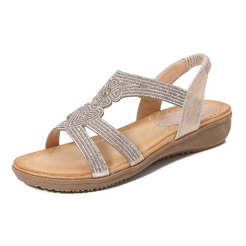 Renessmi Mode Offene Zeh Knöchelriemchen Keilabsatz Damensandalen Klassische Runde Zehen Slingback Ohne Verschluss Appliques Strappy Footwear Gold Gr 36 EU von Renessmi