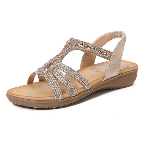 Renessmi Mode Offene Zeh Knöchelriemchen Keilabsatz Damensandalen Klassische Runde Zehen Slingback Ohne Verschluss Appliques Strappy Footwear Gold Gr 39 EU-40 Cn von Renessmi