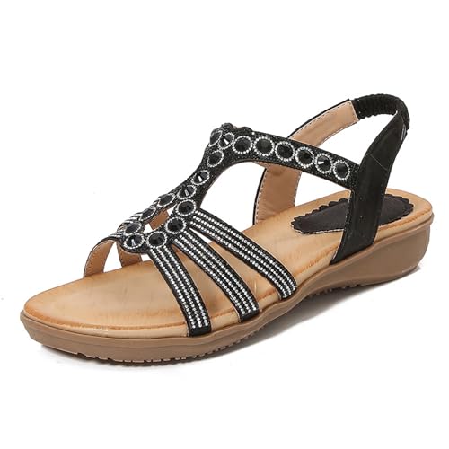 Renessmi Mode Offene Zeh Knöchelriemchen Keilabsatz Damensandalen Klassische Runde Zehen Slingback Ohne Verschluss Appliques Strappy Footwear Schwarz Gr 36 EU von Renessmi