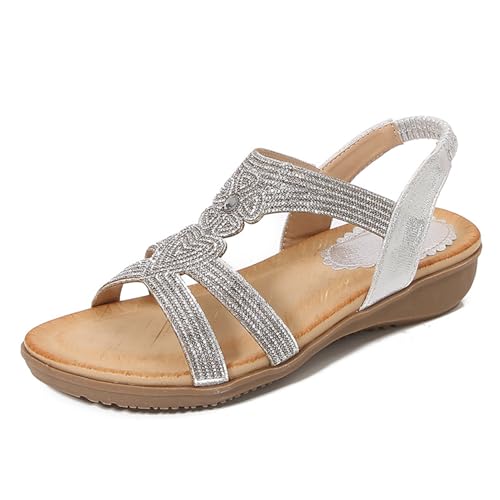 Renessmi Mode Offene Zeh Knöchelriemchen Keilabsatz Damensandalen Klassische Runde Zehen Slingback Ohne Verschluss Appliques Strappy Footwear Silber Gr 40.5 EU-42 Cn von Renessmi