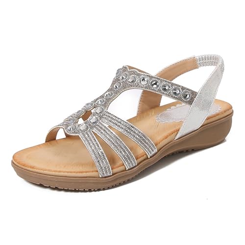 Renessmi Mode Offene Zeh Knöchelriemchen Keilabsatz Damensandalen Klassische Runde Zehen Slingback Ohne Verschluss Appliques Strappy Footwear Silber Gr 40.5 EU-42 Cn von Renessmi