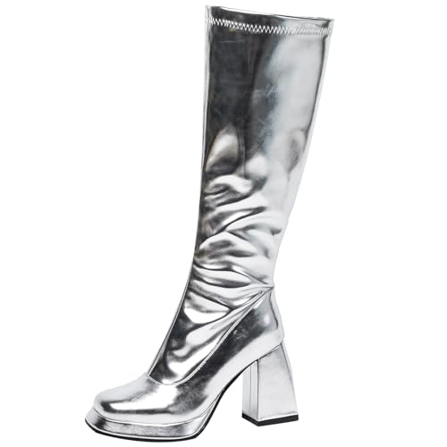 Renessmi Mode Party Kniehohe Stiefel Blockabsatz Square Toe Weit Fit Höhe Ferse Plateau Slouch Long Reitstiefel Footwear Silber Gr 39 EU-40 Cn von Renessmi